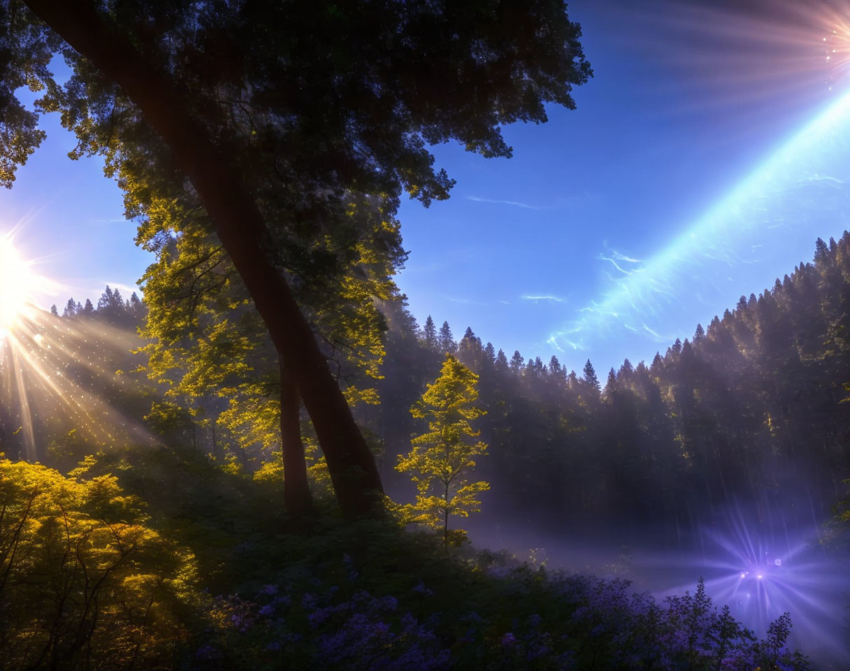 Misty forest with sunbeams, lush greenery, and purple flowers.