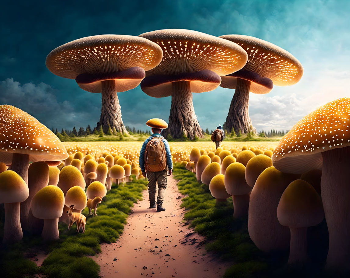 Traveler with backpack in fantastical landscape of glowing mushrooms