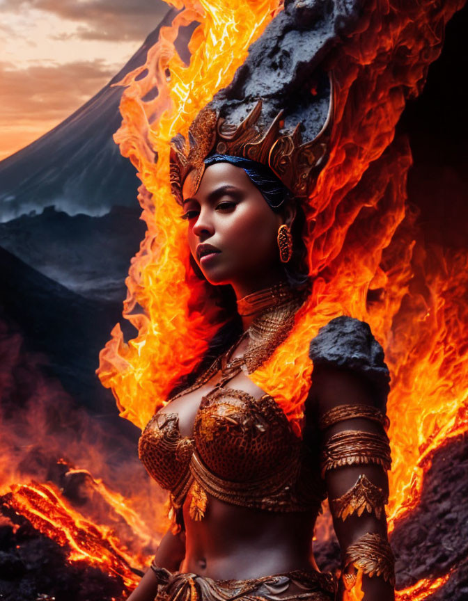 Golden headgear woman in fiery pose before volcanic eruption