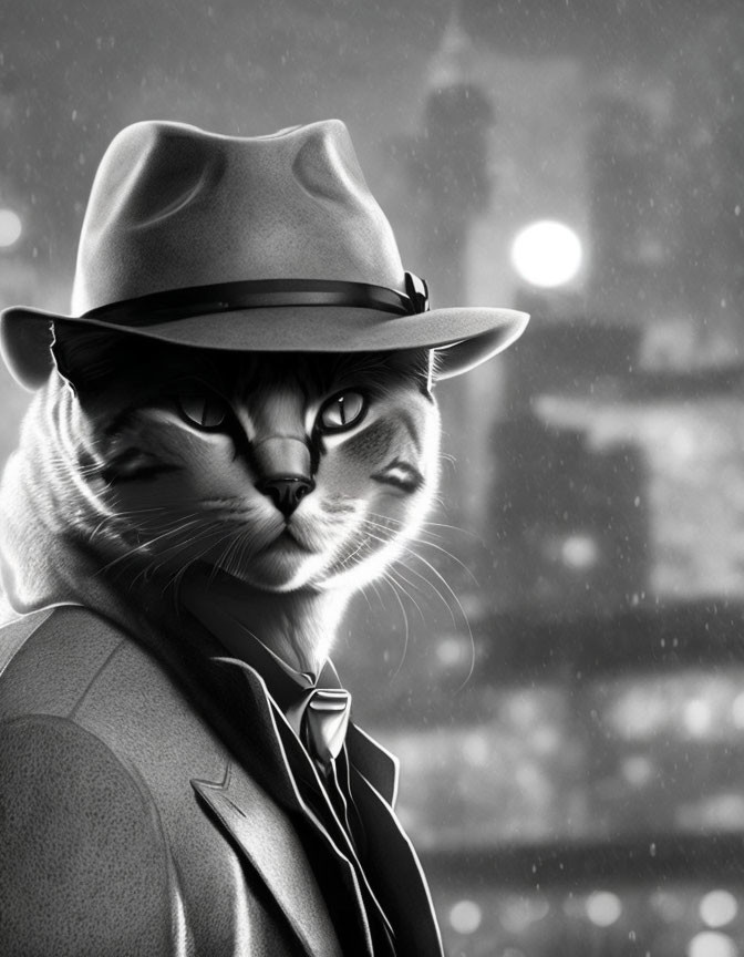 Stylized cat with human features in detective attire on noir backdrop