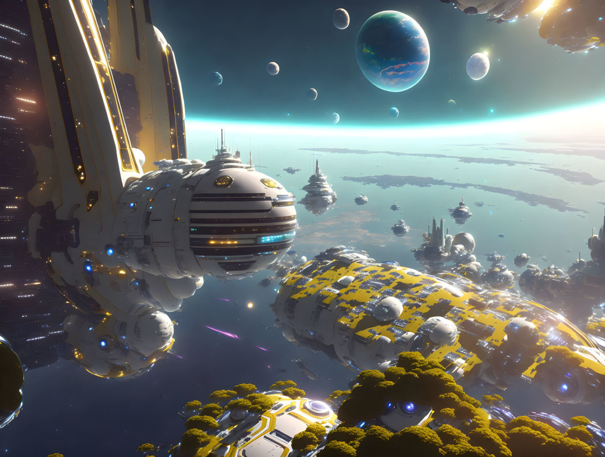 Futuristic sci-fi scene with immense orbital structures