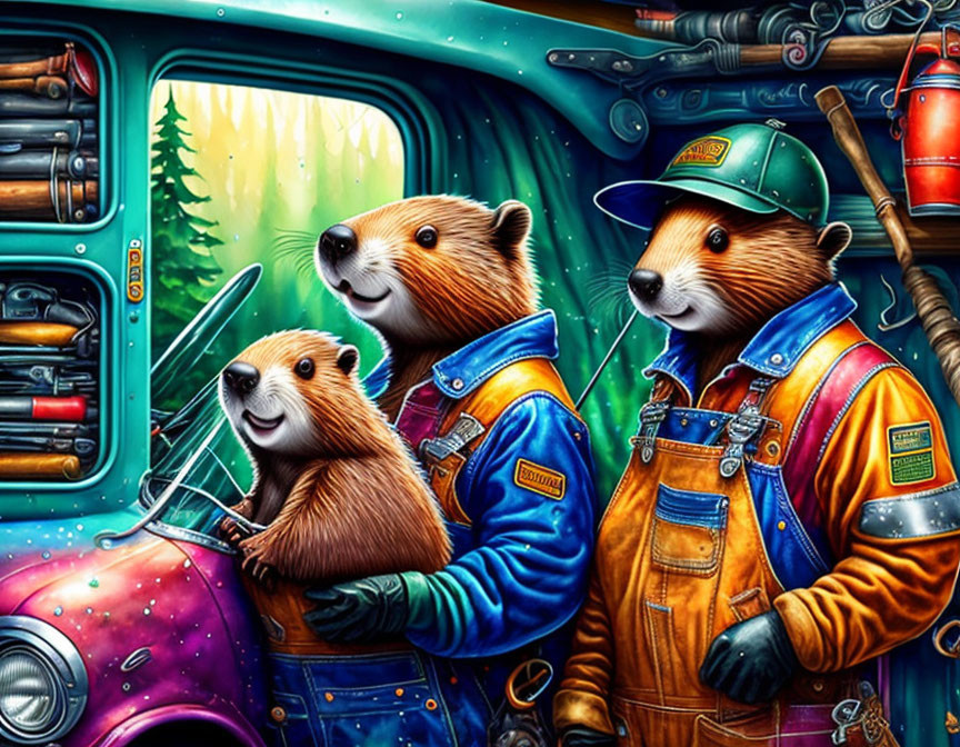 Colorful Garage with Three Anthropomorphic Beavers in Mechanic Outfits