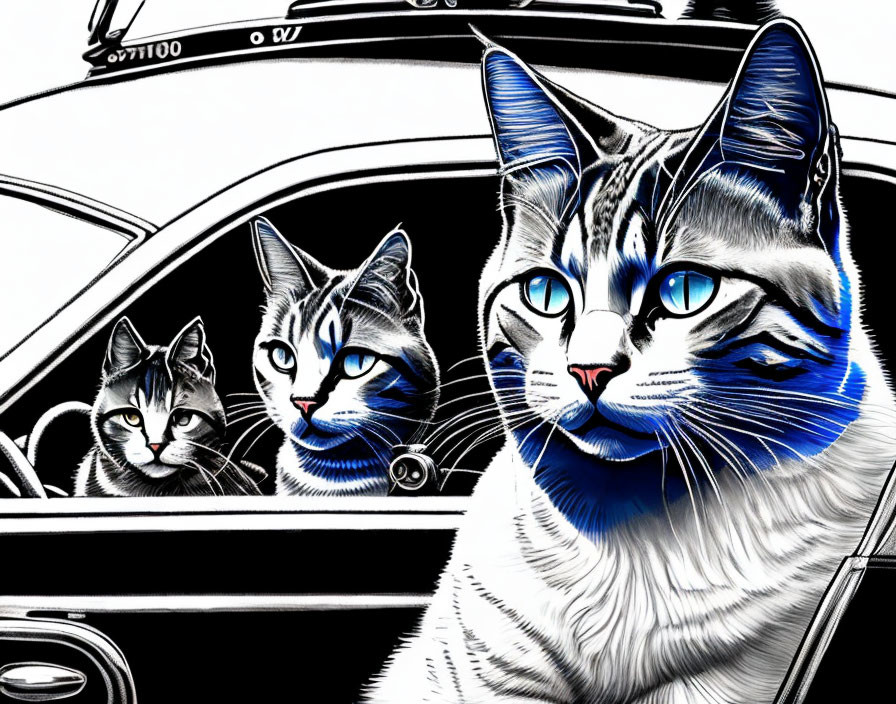 Stylized cats in car with blue details, monochrome graphic art