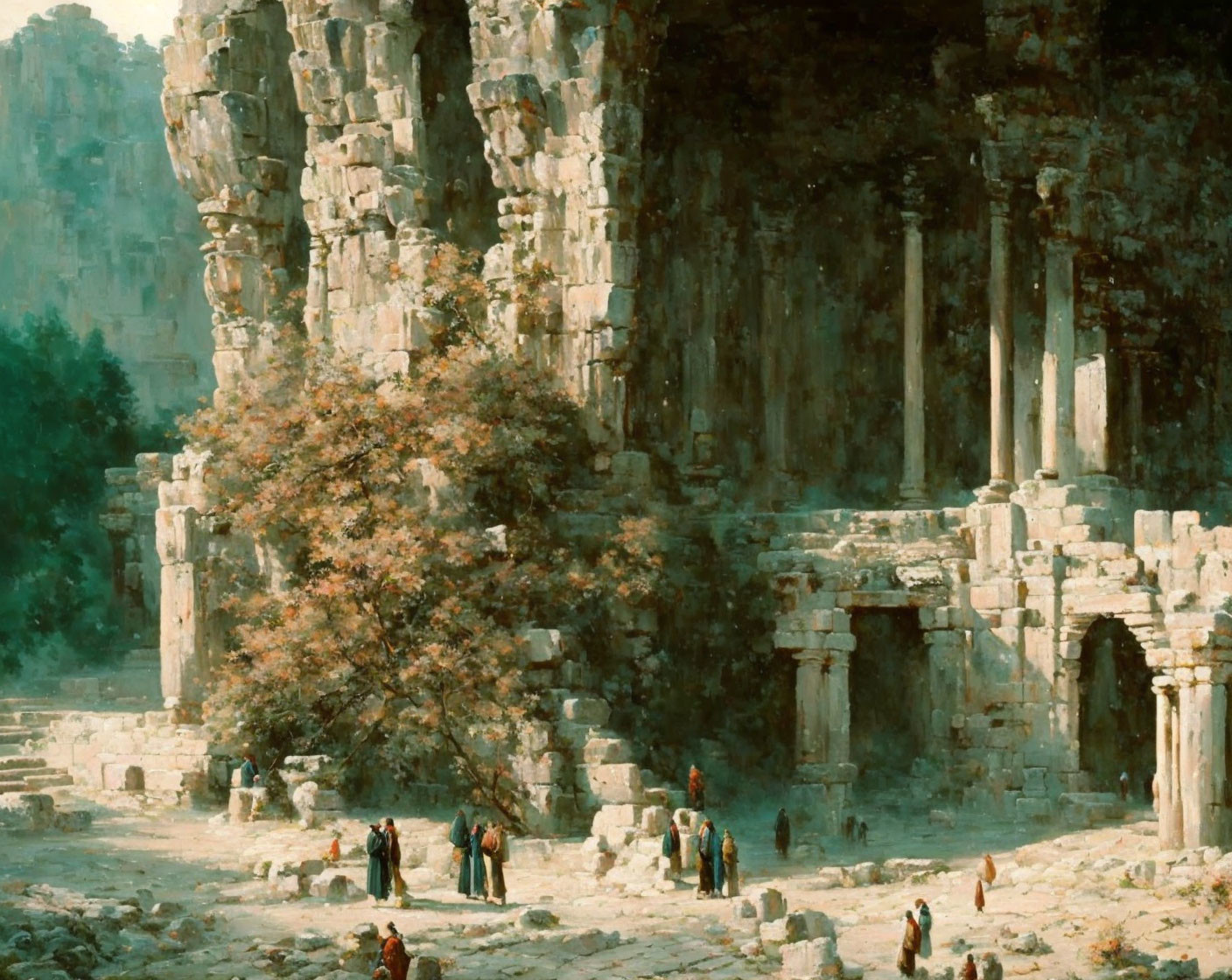 Ancient ruins painting with columns, trees, and people in period attire