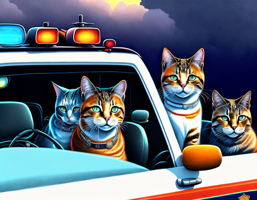 Anthropomorphic cats as police officers in and around police car at night