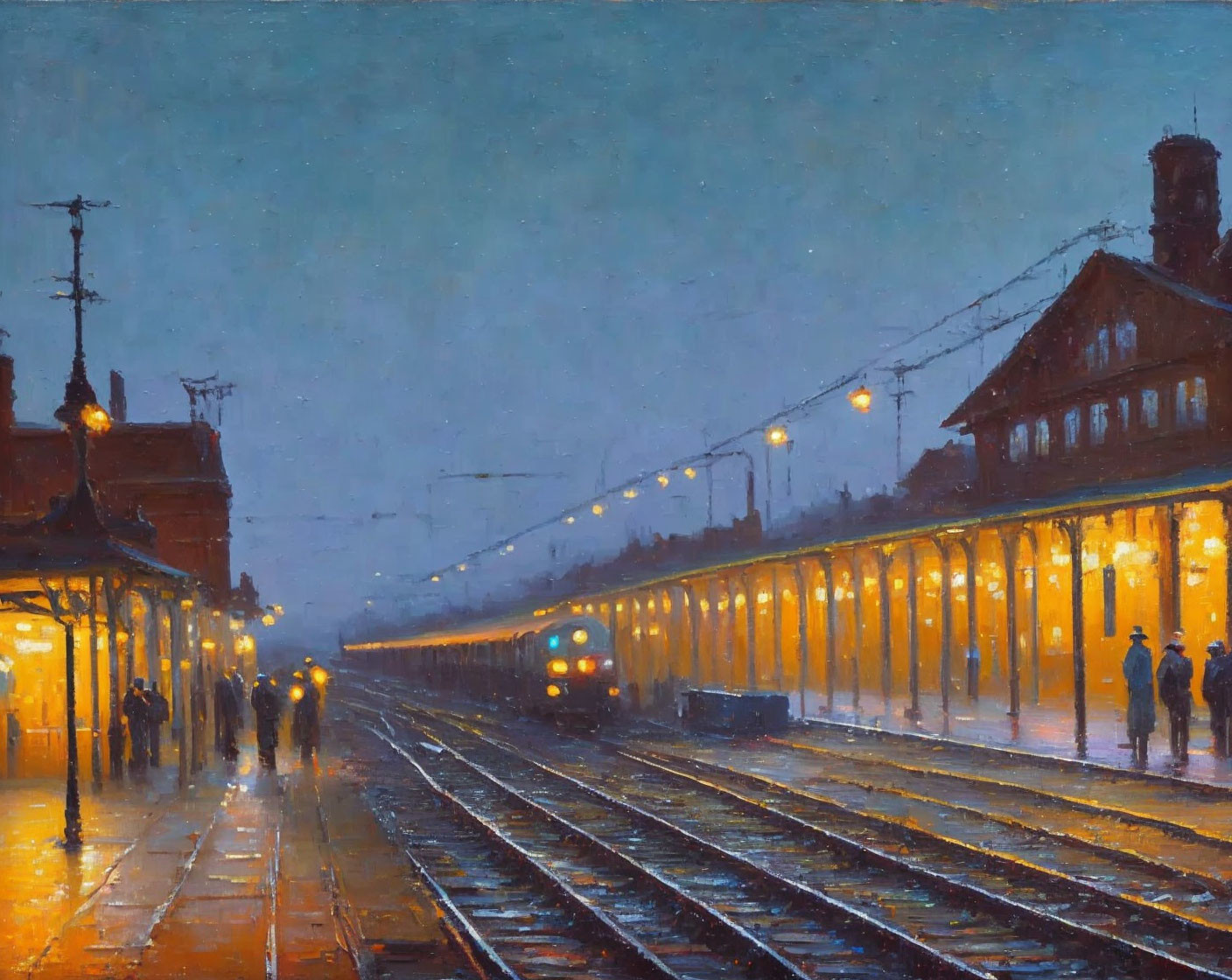 Train station at night with warm yellow lights, people waiting as train arrives, under hazy blue sky