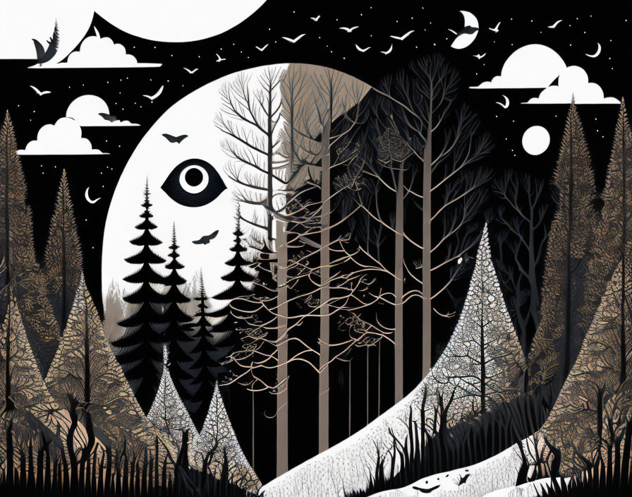 Monochrome mystical forest illustration with giant moon, intricate trees, eye motif, wildlife, and celestial bodies