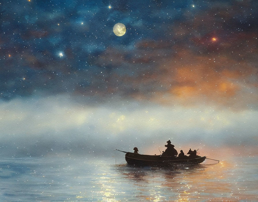 Tranquil night scene: Three people fishing in a boat under starry sky with moon reflection