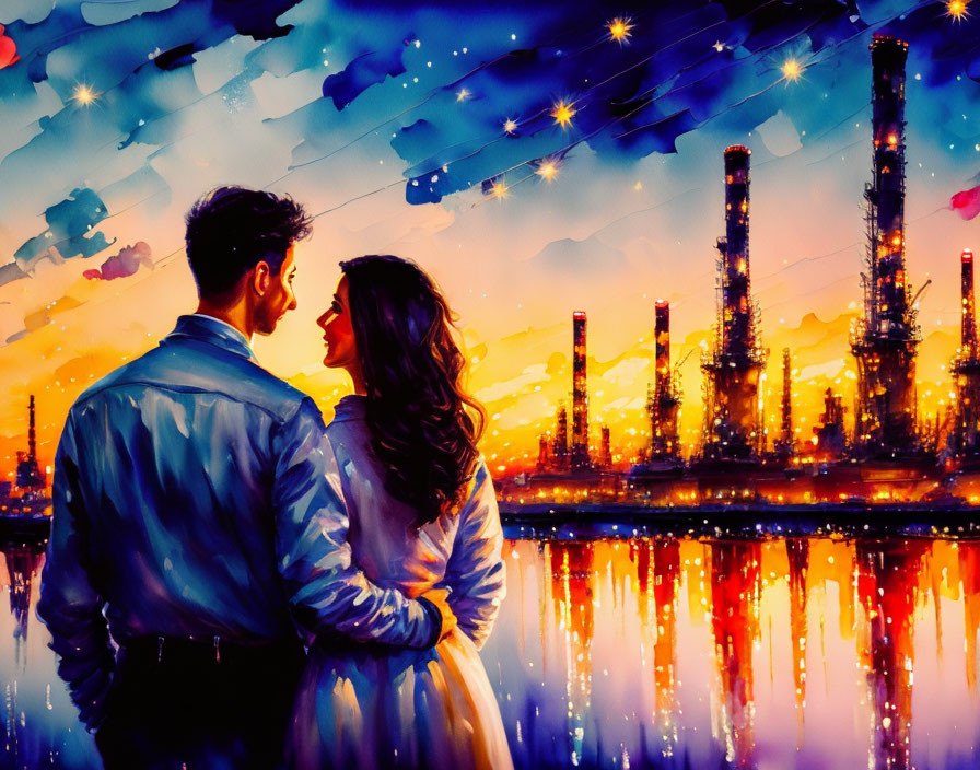 Embracing couple admiring colorful industrial skyline at twilight