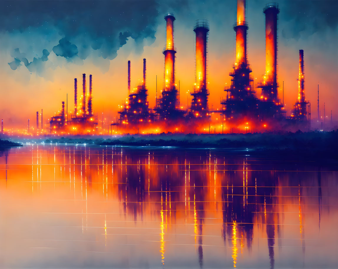 Industrial landscape at dusk with glowing smokestacks and water reflections.