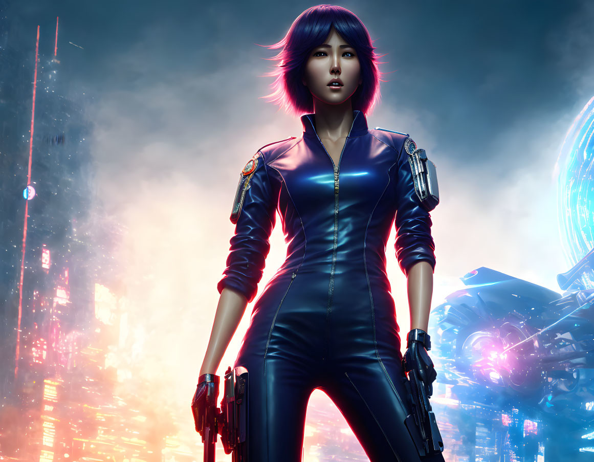 Futuristic female character in pink hair, black bodysuit, holding gun, neon cityscape