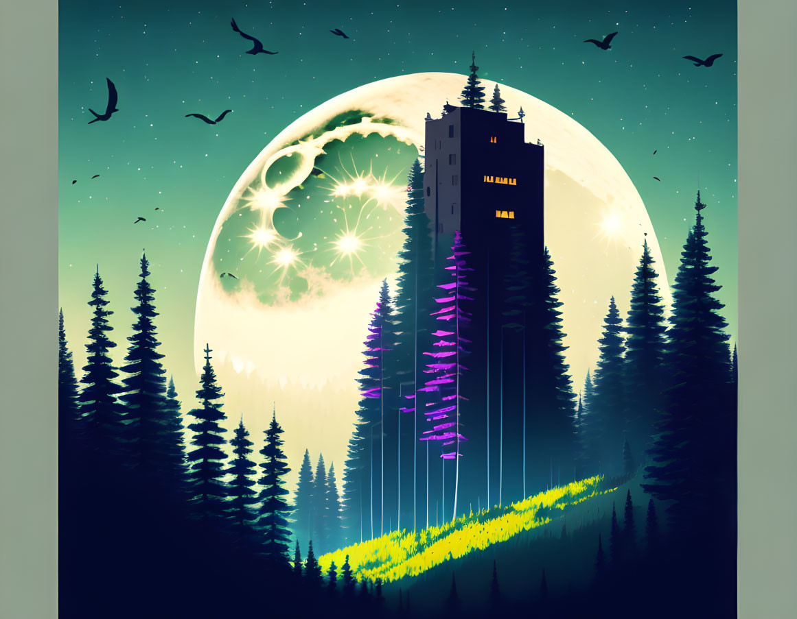 Illustration of tower in forest with purple banners under moon and starlit sky