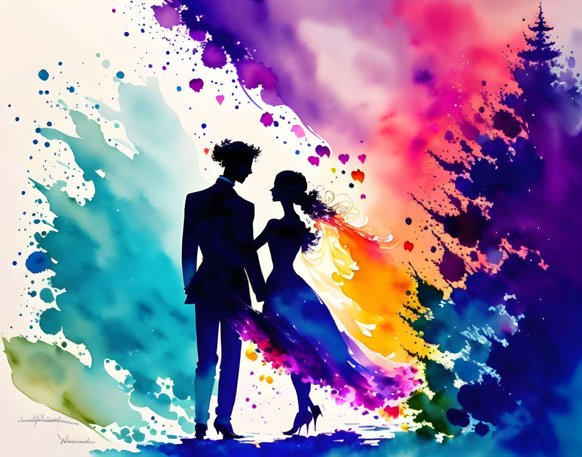 Couple Silhouetted Against Colorful Watercolor Background