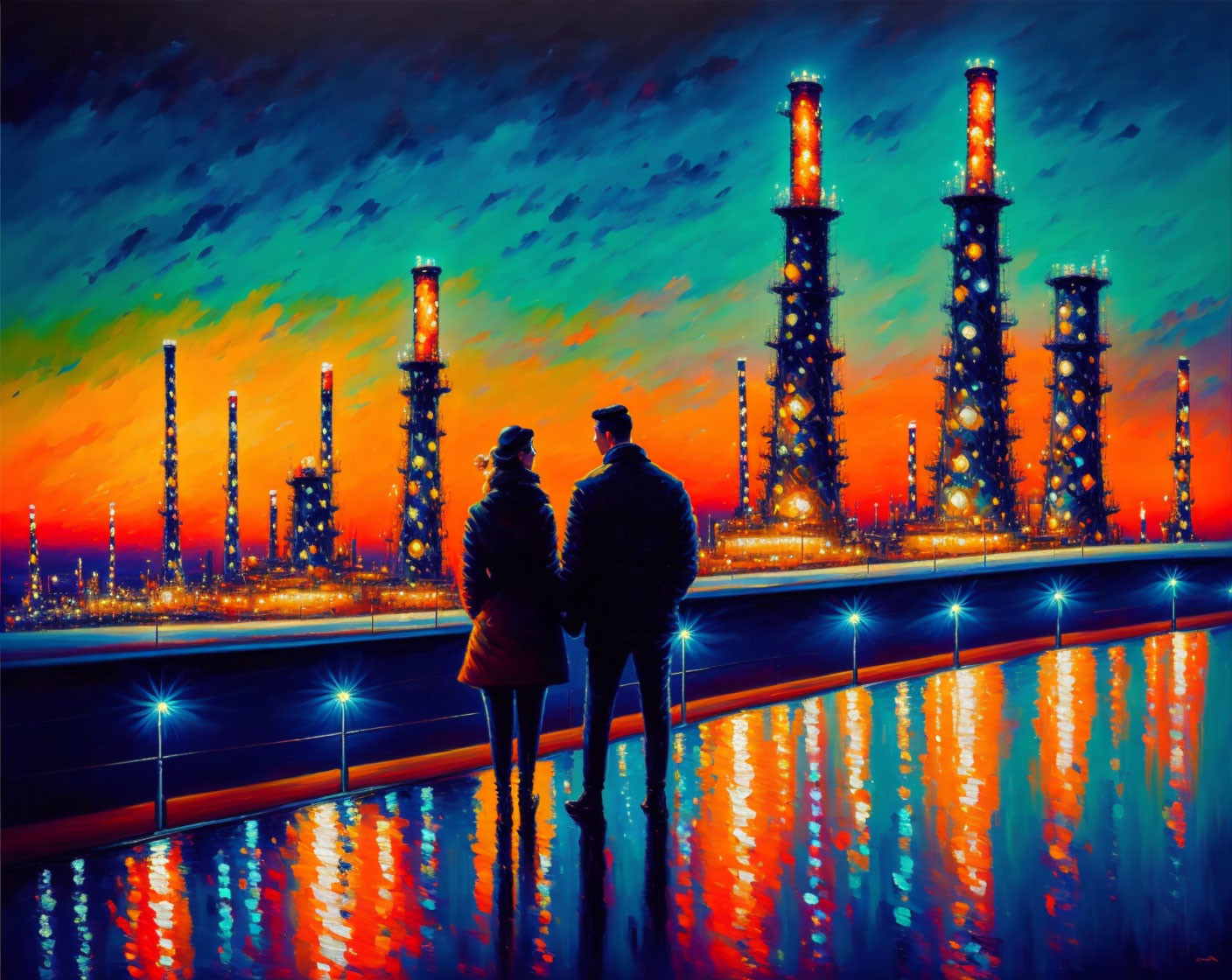 Couple admires vibrant sunset over industrial skyline