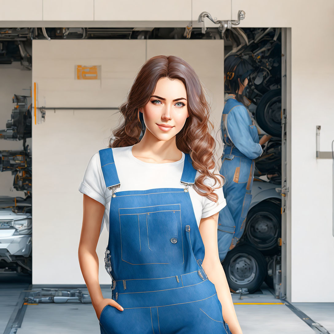 Digital artwork: Woman with wavy brown hair in blue overalls at auto repair shop