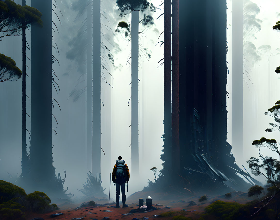 Explorer in misty forest with towering trees and mysterious tree trunk structure