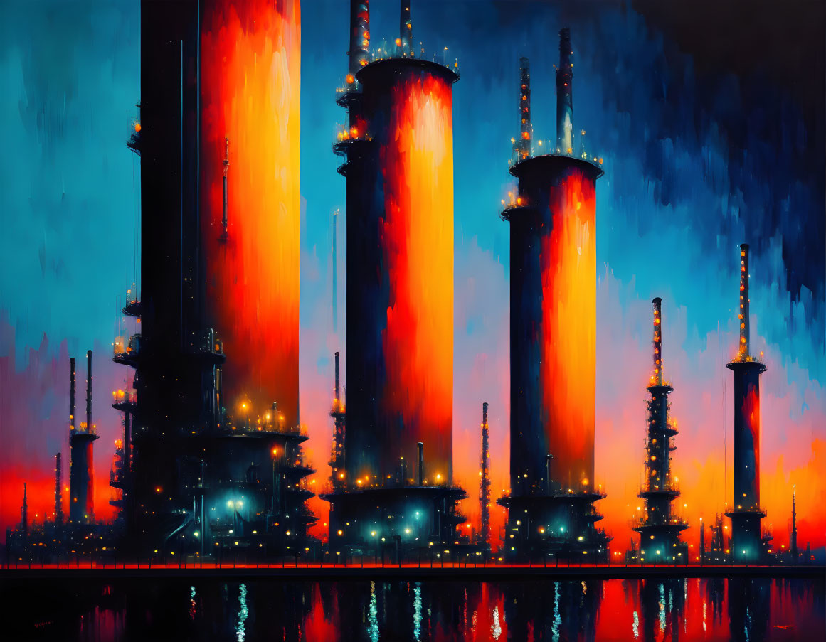 Colorful digital painting of industrial skyline at dusk