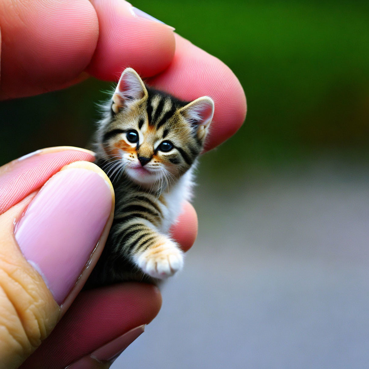 Striped Kitten Held Gently in Fingers