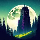 Illustration of tower in forest with purple banners under moon and starlit sky