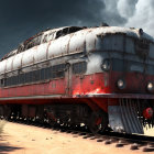 Vintage Red and White Locomotive in Desert Setting under Cloudy Sky