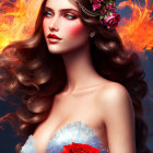 Woman with voluminous curly hair in floral crown and rose dress against fiery backdrop