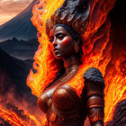 Golden headgear woman in fiery pose before volcanic eruption