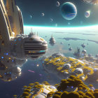 Futuristic sci-fi scene with immense orbital structures