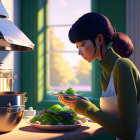 Woman in apron smelling fresh greens in sunlit kitchen