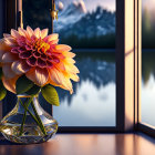 Colorful bouquet in glass vase by serene lake and mountains at dusk