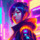 Futuristic digital artwork of woman with blue hair in glowing jacket