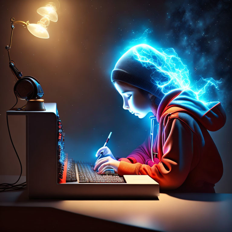 Child in hoodie captivated by computer screen with lightning effects