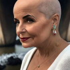 Bald woman in red lipstick, diamond jewelry, white top, with people in background