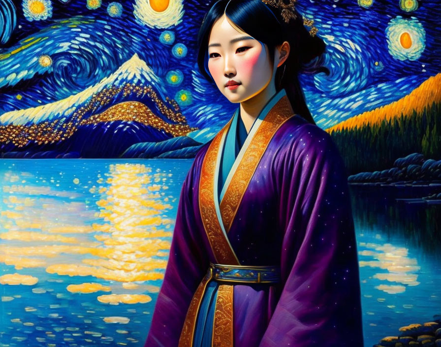 Traditional Asian Attire Woman in Van Gogh-Inspired Landscape