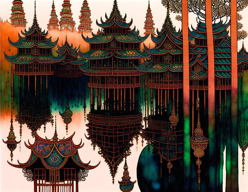 Colorful Asian cityscape with pagoda-like structures reflected in water under gradient sky