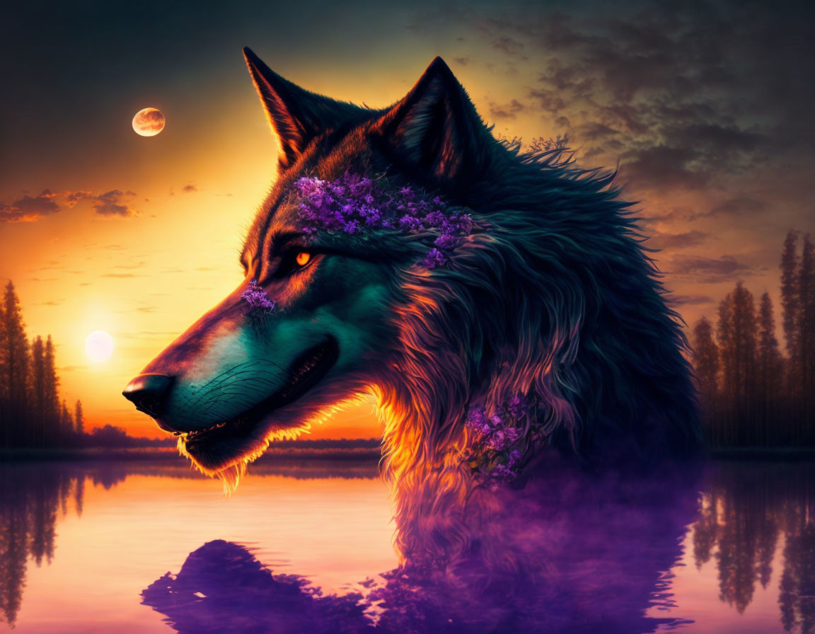 Digital Art: Wolf with Purple Flowers in Sunset Scene