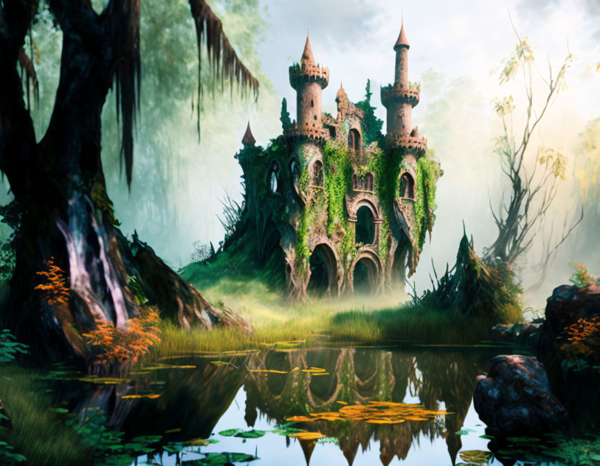 Mystical overgrown castle in tranquil forest with reflection in serene pond