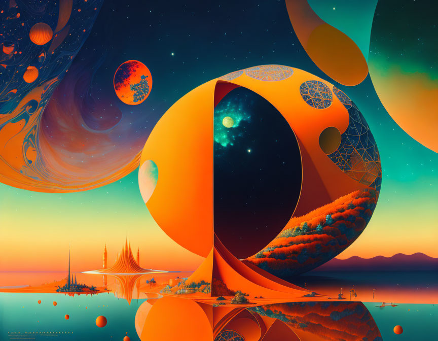 Surreal Landscape with Orange Structure and Planets