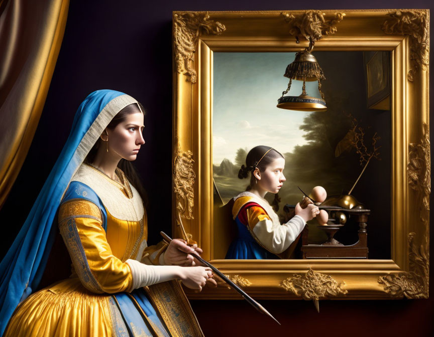 Renaissance woman painting girl with globe under lamp