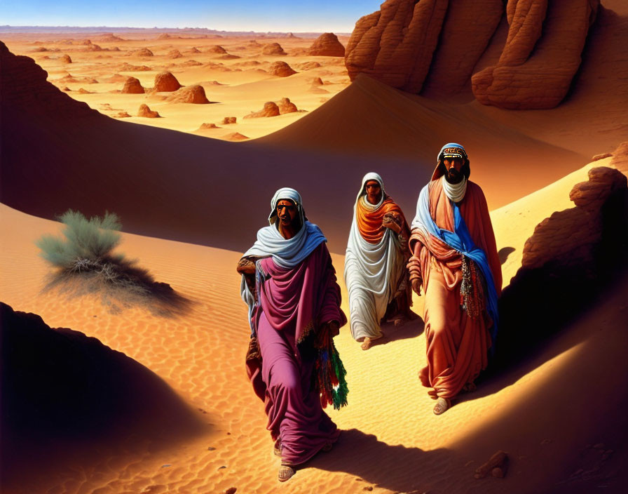 Traditional desert walk with sand dunes and sparse vegetation.