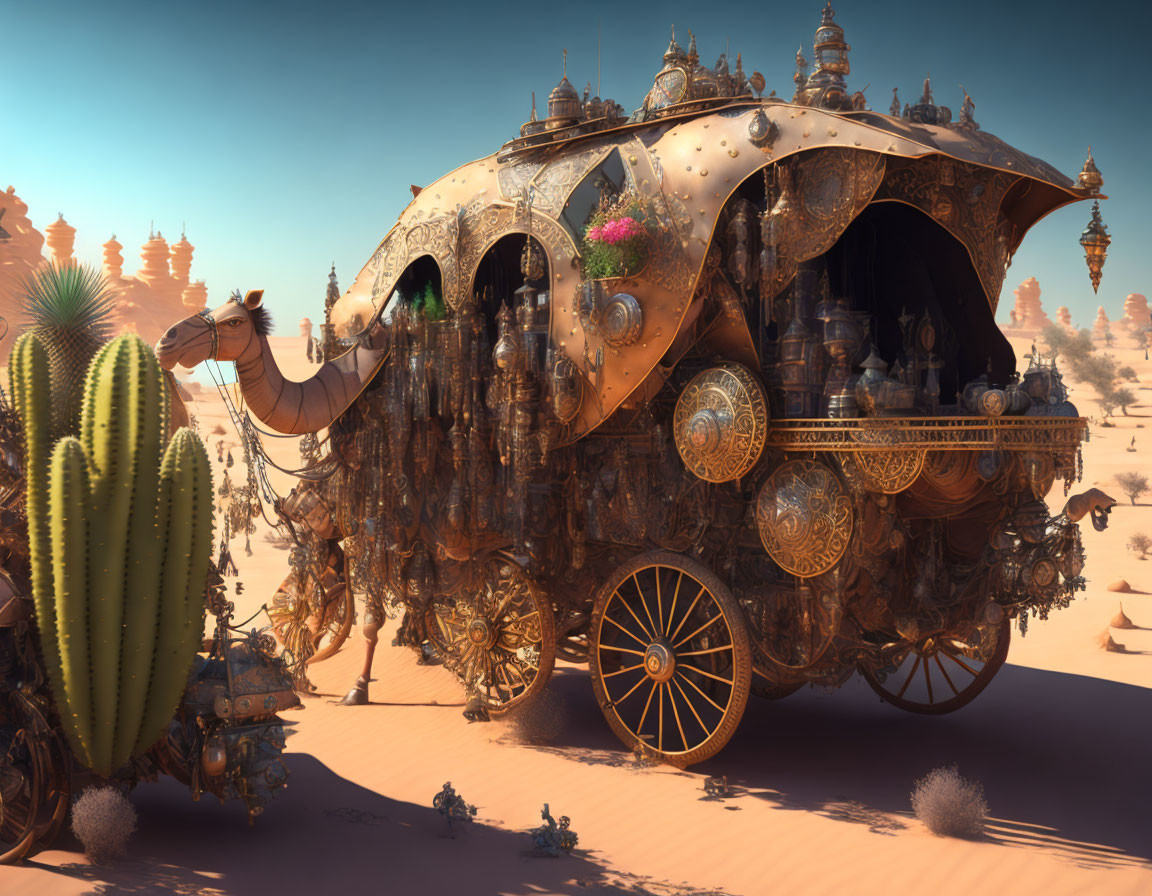 Steampunk-style camel caravan in desert landscape with cacti and exotic towers