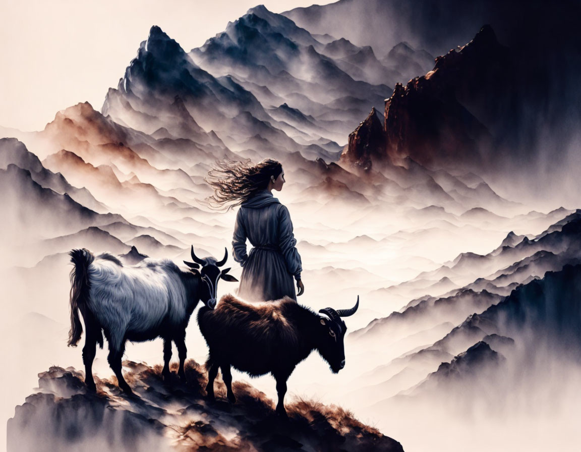 Woman with two goats on misty mountain terrain & distant peaks.