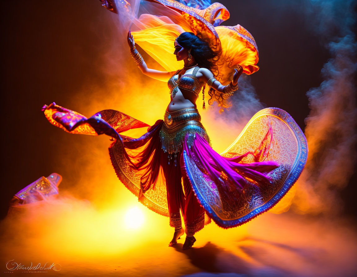 Colorful attire dancer performs with dramatic lighting