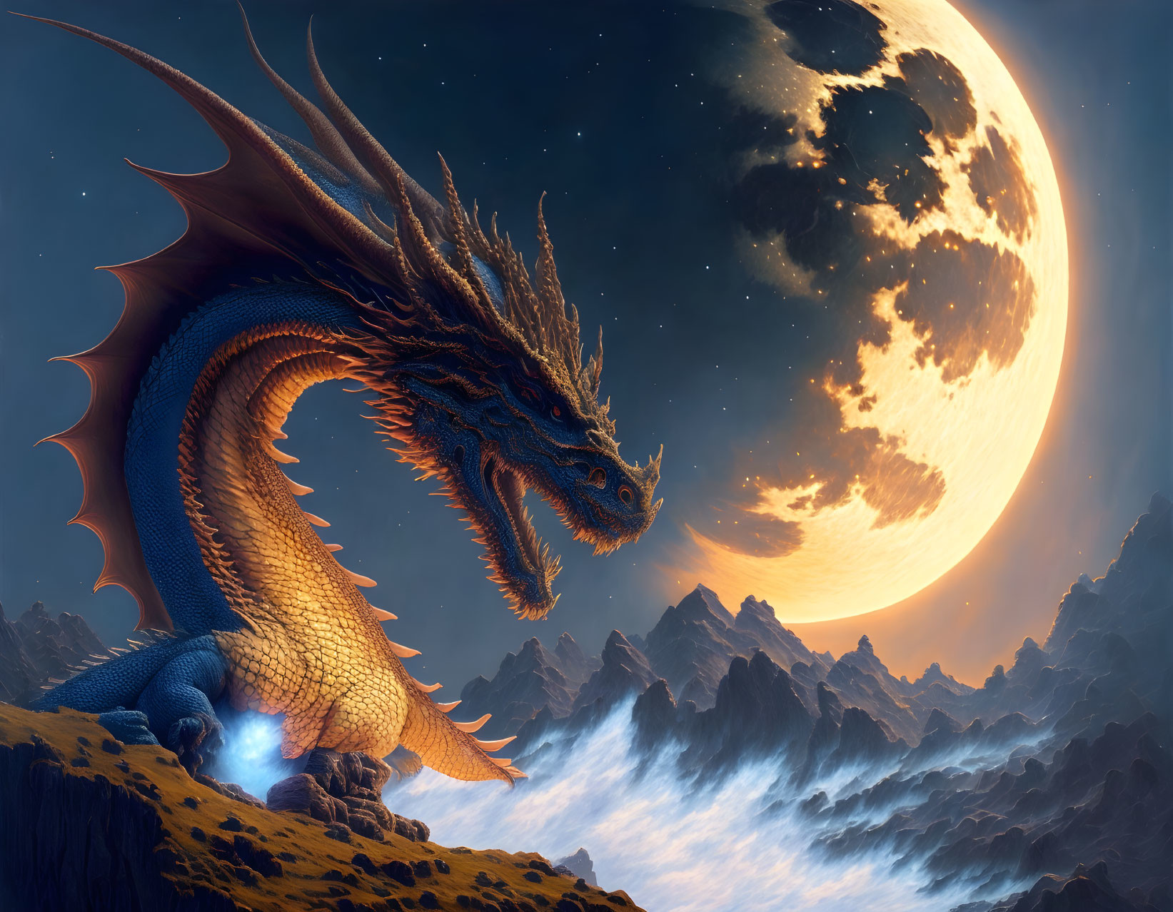 Blue dragon perched on rugged mountains under a detailed moonlit sky