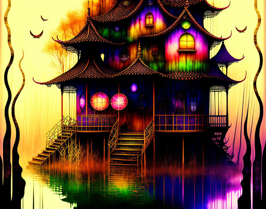 Colorful Stylized Pagoda in Twilight Background with Reflections