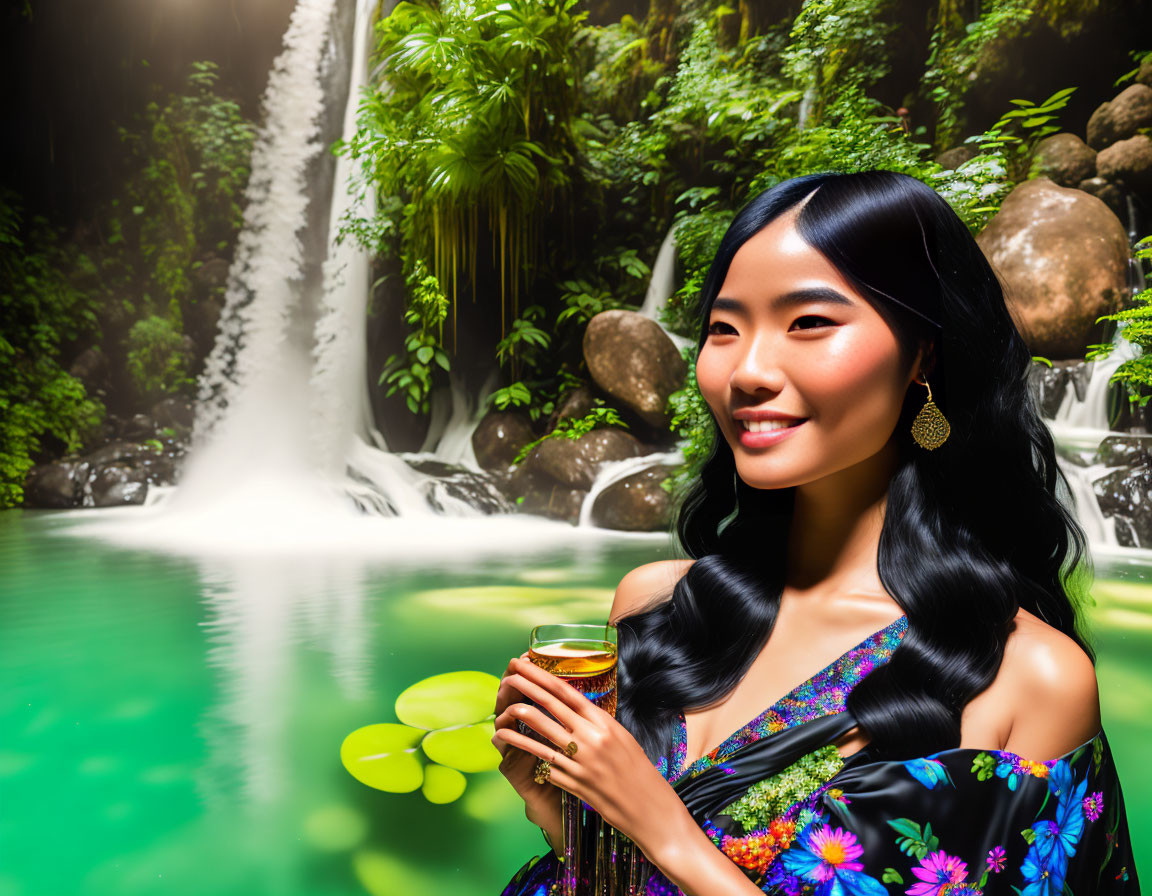 Smiling woman with drink in tropical waterfall setting