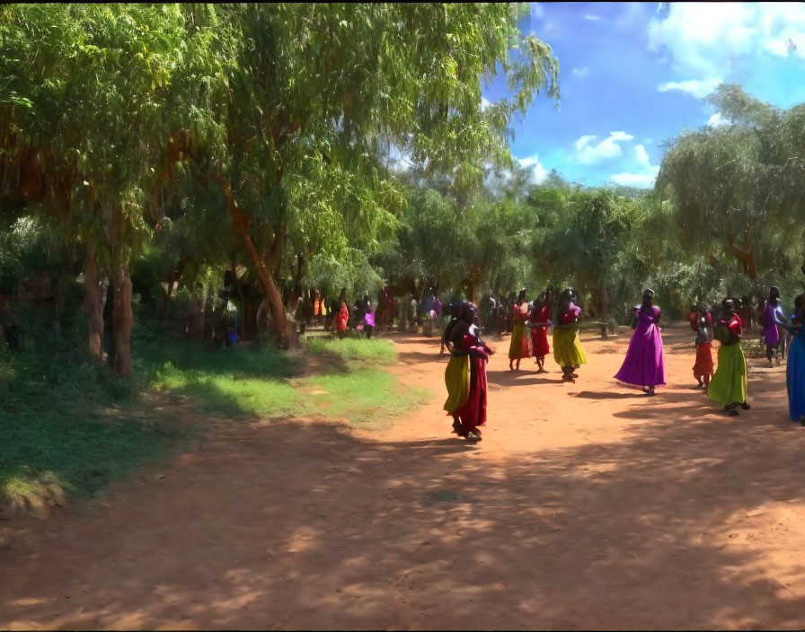 Colorful Outdoor Scene: People Dancing Among Lush Green Trees