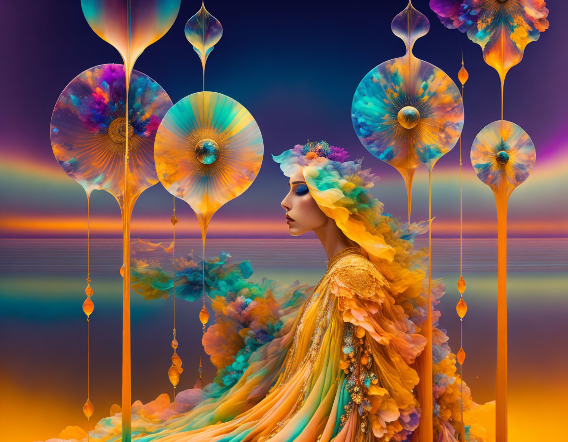 Colorful Woman in Ornate Headdress Surrounded by Surreal Ornaments at Sunset