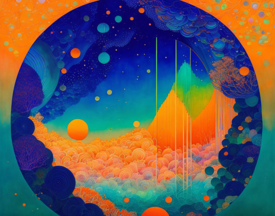 Surreal landscape with circular cosmic portal view