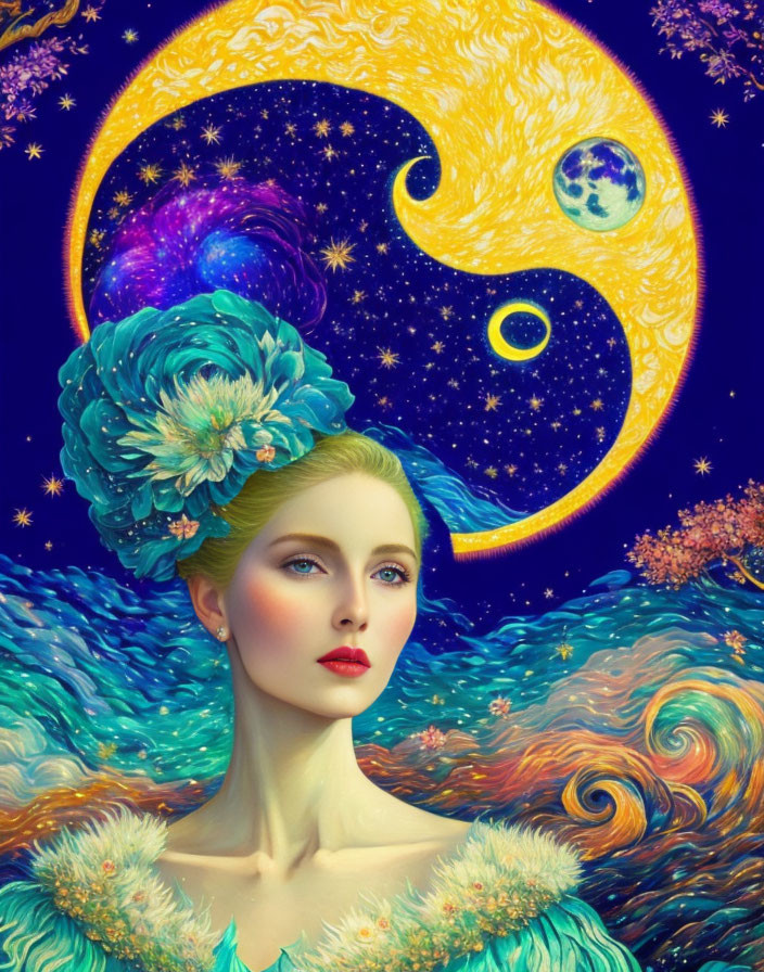 Cosmic surreal portrait of a woman with moon, stars, and nebula