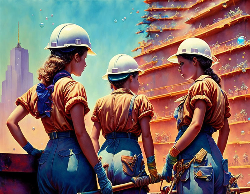 Three women in blue overalls observe futuristic construction site with floating bubbles in cityscape.